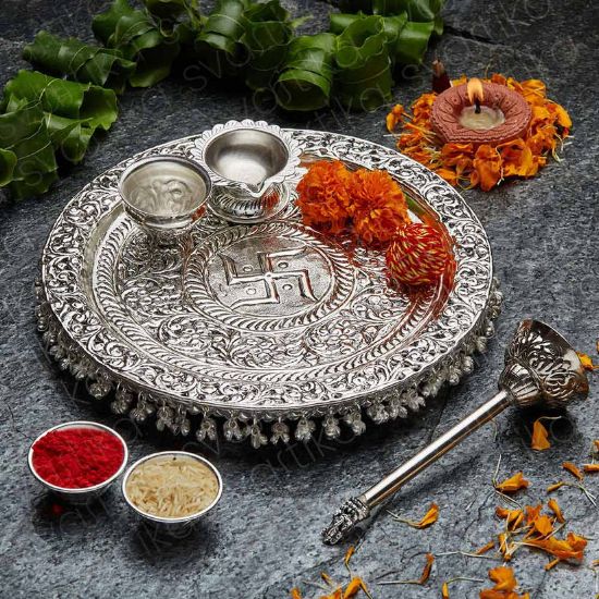 Picture of Swastik Engraved Silver Plated Thali Set for Poojas & Rituals
