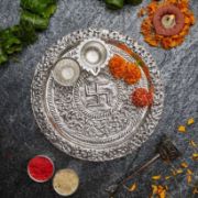 Picture of Swastik Engraved Silver Plated Thali Set for Poojas & Rituals