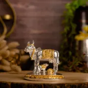 Picture of Wish Granting Kamdhenu Cow with Calf Idol | Pure Gold and Sliver Plated
